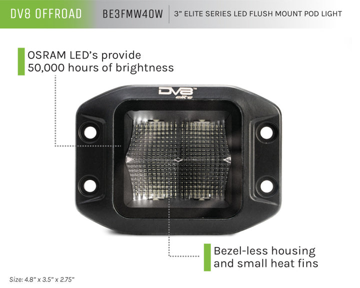 DV8 Offroad Elite Series 3in Cube LED Light 40W Spot 3W LED - Bull Strap
