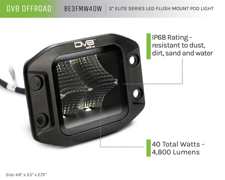DV8 Offroad Elite Series 3in Cube LED Light 40W Spot 3W LED - Bull Strap