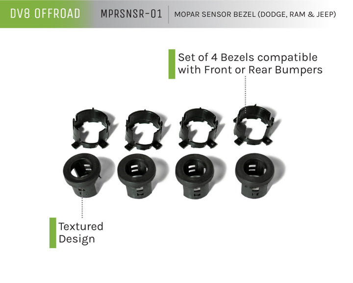 DV8 Offroad Jeep/Dodge/RAM Front Bezel & Rear Clip Replacement Kit for MOPAR Sensors - Set of 4 - Bull Strap