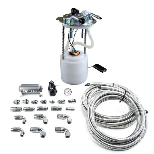 DeatschWerks 05-19 Yukon/Tahoe/Suburban DW400 Pump Module and Return SS CPE Plumbing Kit - Bull Strap
