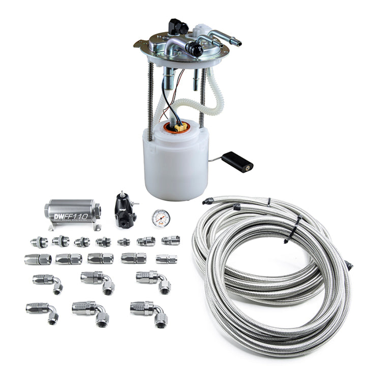 DeatschWerks 05-19 Yukon/Tahoe/Suburban DW400 Pump Module and Return SS CPE Plumbing Kit - Bull Strap