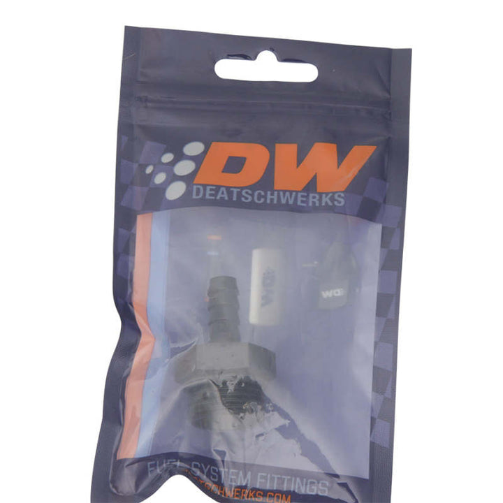 DeatschWerks 10AN ORB Male to 5/16in Male Triple Barb Fitting (Incl O-Ring) - Anodized Matte Black - Bull Strap