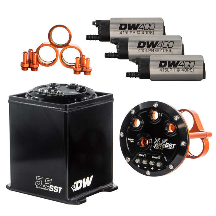 DeatschWerks 5.5L Modular Surge Tank Includes 3 DW400 Fuel Pumps - Bull Strap