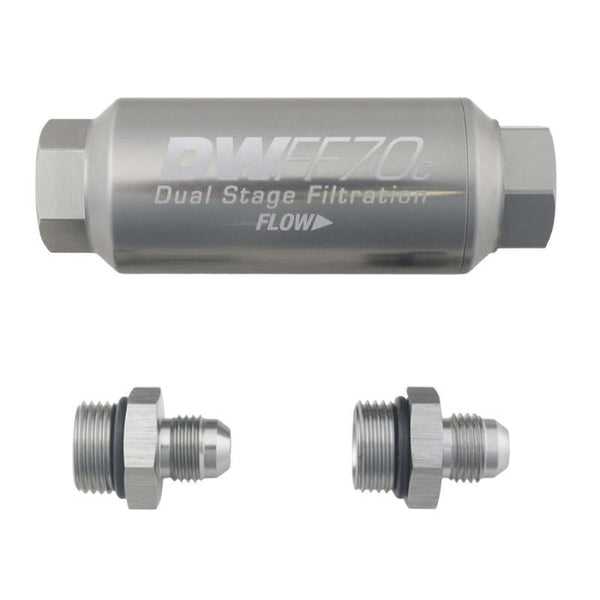 DeatschWerks 6AN 10 Micron 70mm Compact In-Line Fuel Filter Kit - Bull Strap
