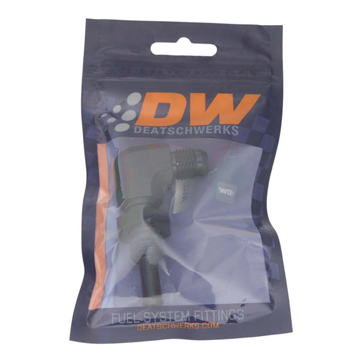 DeatschWerks 6AN Male Flare to 5/16in Male Barb Bulkhead Adapter 90-Degree - Anodized Matte Black - Bull Strap