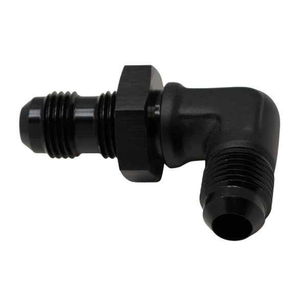 DeatschWerks 6AN Male Flare to 6AN Male Flare Bulkhead Adapter 90-Degree - Anodized Matte Black - Bull Strap