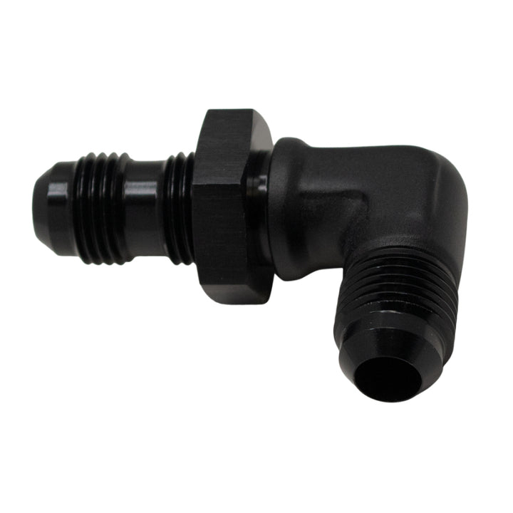 DeatschWerks 6AN Male Flare to 6AN Male Flare Bulkhead Adapter 90-Degree - Anodized Matte Black - Bull Strap