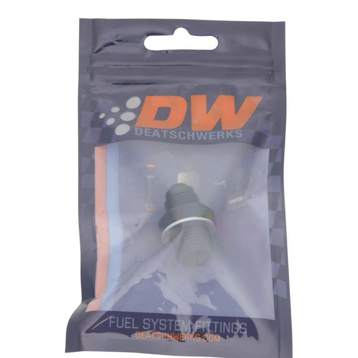 DeatschWerks 6AN Male Flare to M16 X 1.5 Male Metric Adapter (Incl Washer) - Anodized Matte Black - Bull Strap