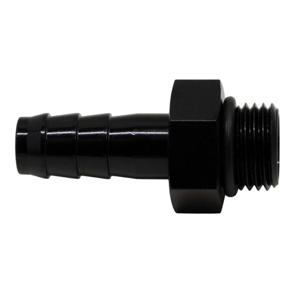 DeatschWerks 6AN ORB Male to 3/8in Male Triple Barb Fitting (Incl O-Ring) - Anodized Matte Black - Bull Strap