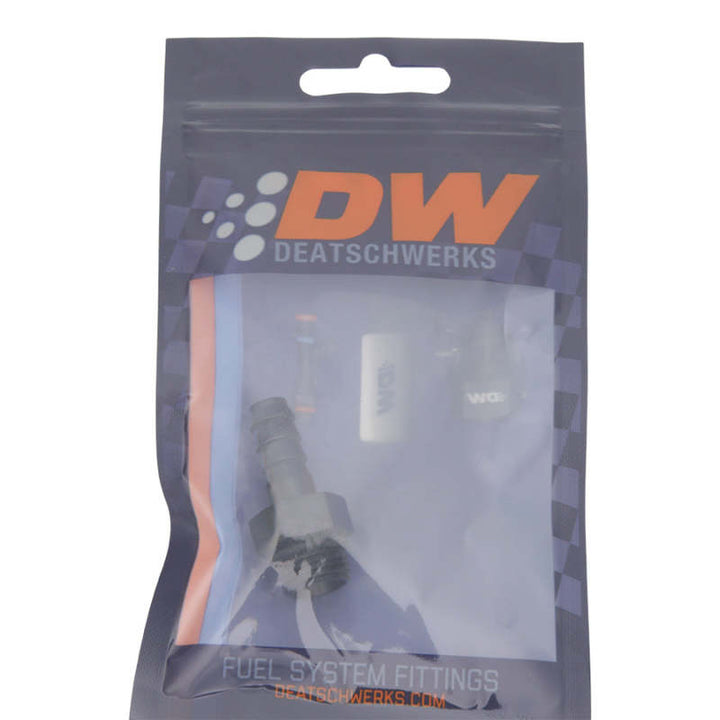 DeatschWerks 6AN ORB Male to 5/16in Male Triple Barb Fitting (Incl O-Ring) - Anodized Matte Black - Bull Strap