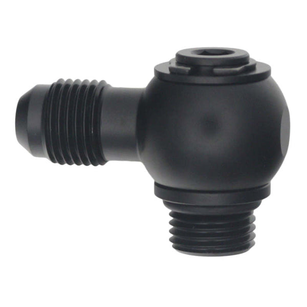 DeatschWerks 6AN ORB Male to 6AN Male Flare Low Profile 90-Degree Swivel - Anodized Matte Black - Bull Strap