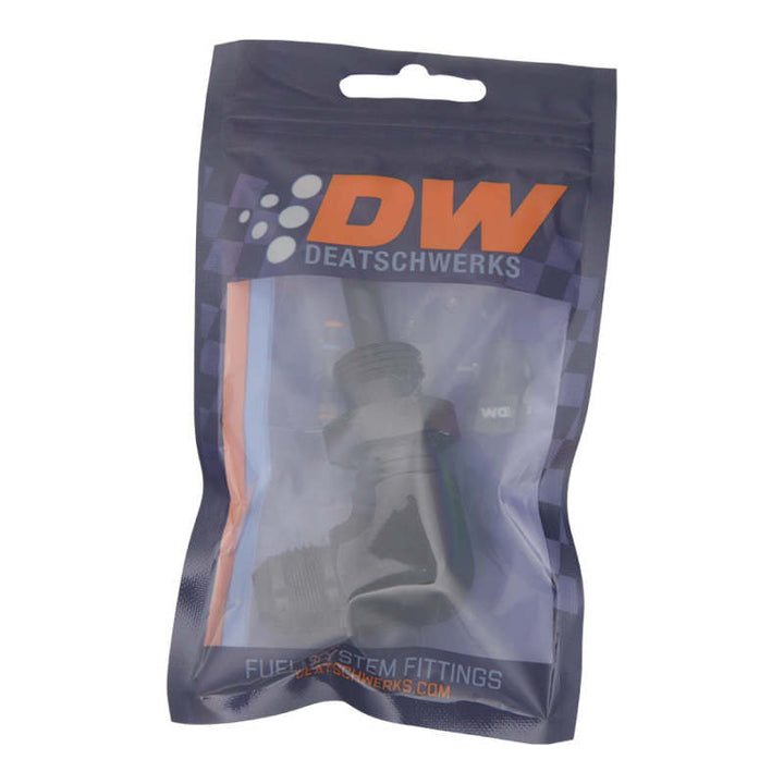 DeatschWerks 8AN Male Flare to 5/16in Male Barb Bulkhead Adapter 90-Degree - Anodized Matte Black - Bull Strap