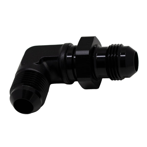 DeatschWerks 8AN Male Flare to 8AN Male Flare Bulkhead Adapter 90-Degree - Anodized Matte Black - Bull Strap