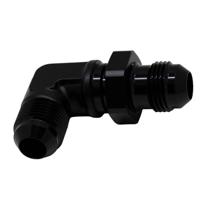DeatschWerks 8AN Male Flare to 8AN Male Flare Bulkhead Adapter 90-Degree - Anodized Matte Black - Bull Strap