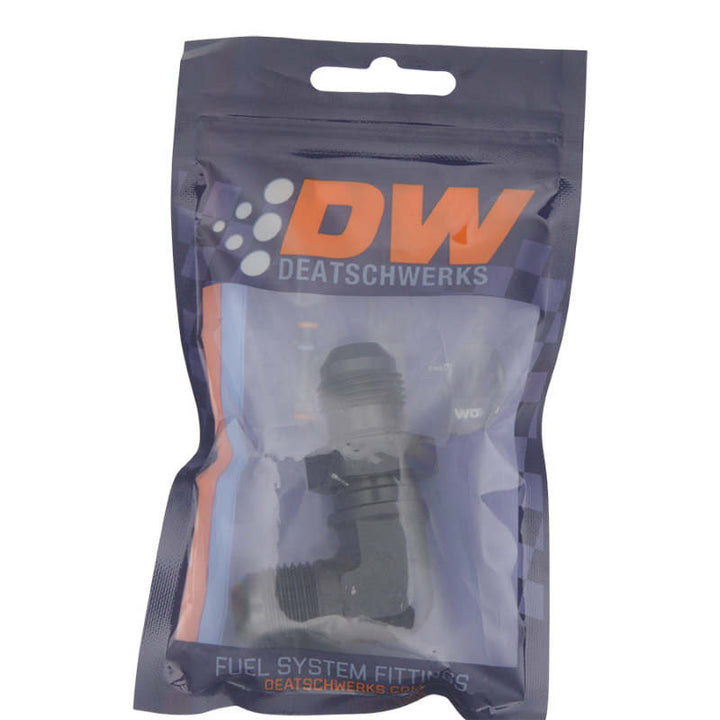 DeatschWerks 8AN Male Flare to 8AN Male Flare Bulkhead Adapter 90-Degree - Anodized Matte Black - Bull Strap