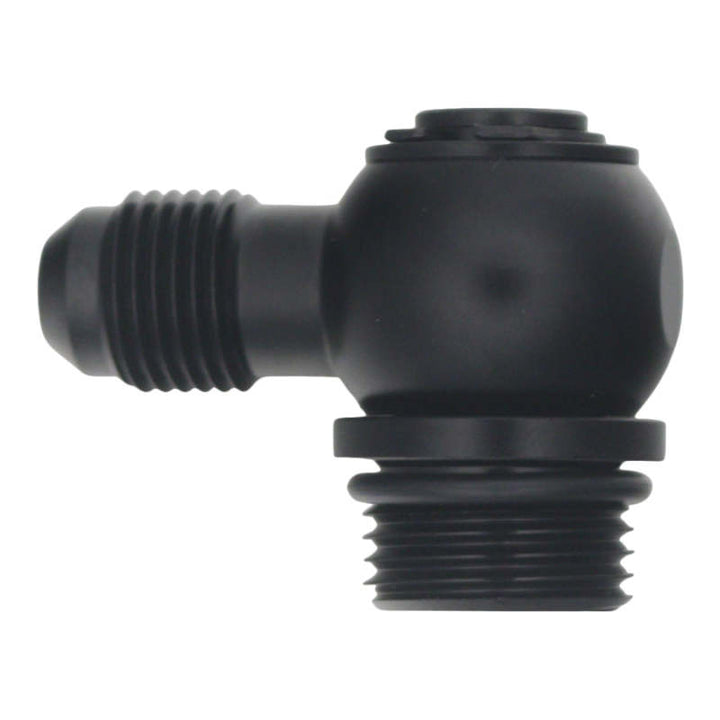 DeatschWerks 8AN ORB Male to 6AN Male Flare Low Profile 90-Degree Swivel - Anodized Matte Black - Bull Strap