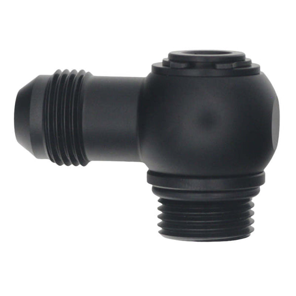 DeatschWerks 8AN ORB Male to 8AN Male Flare Low Profile 90-Degree Swivel - Anodized Matte Black - Bull Strap