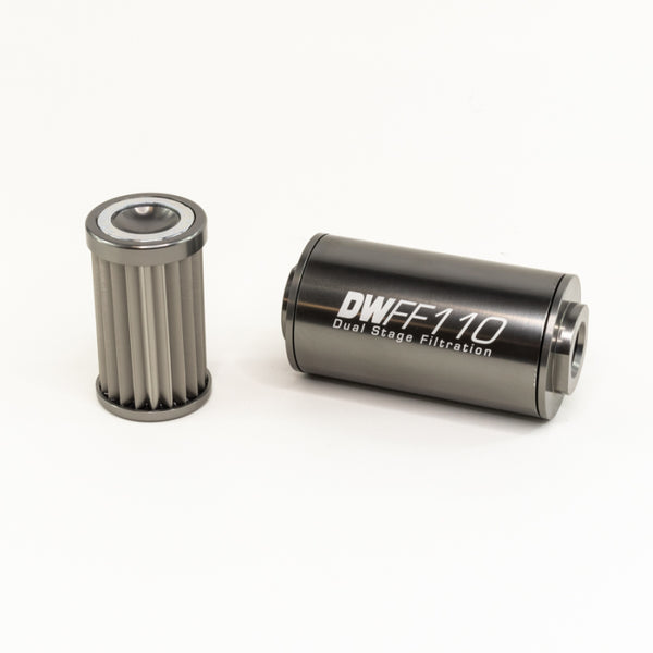 DeatschWerks Stainless Steel 10AN 10 Micron Universal Inline Fuel Filter Housing Kit (110mm) - Bull Strap