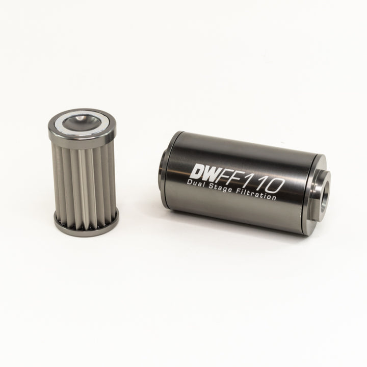 DeatschWerks Stainless Steel 10AN 10 Micron Universal Inline Fuel Filter Housing Kit (110mm) - Bull Strap