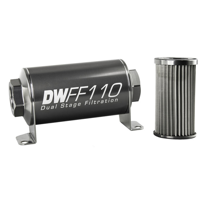 DeatschWerks Stainless Steel 10AN 10 Micron Universal Inline Fuel Filter Housing Kit (110mm) - Bull Strap