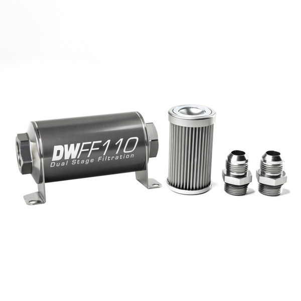 DeatschWerks Stainless Steel 10AN 10 Micron Universal Inline Fuel Filter Housing Kit (110mm) - Bull Strap
