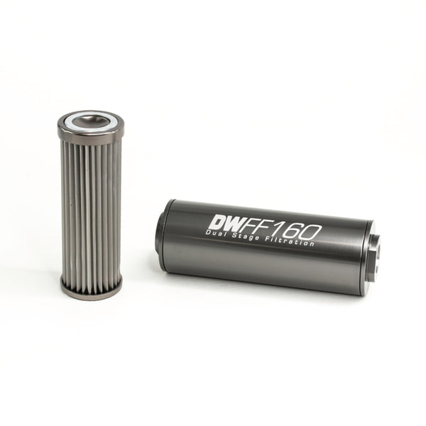 DeatschWerks Stainless Steel 10AN 10 Micron Universal Inline Fuel Filter Housing Kit (160mm) - Bull Strap