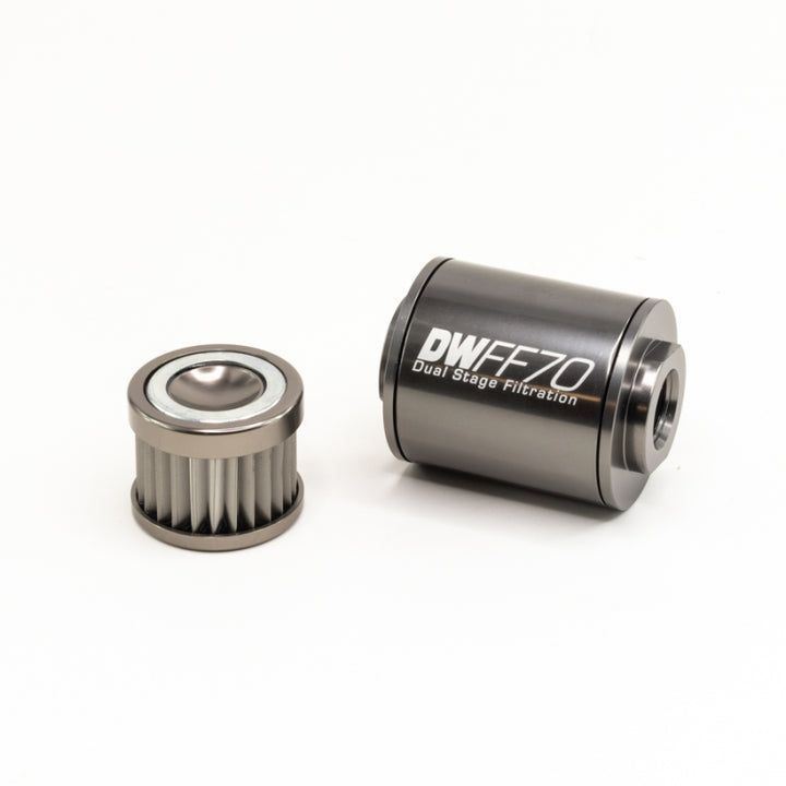 DeatschWerks Stainless Steel 10AN 10 Micron Universal Inline Fuel Filter Housing Kit (70mm) - Bull Strap