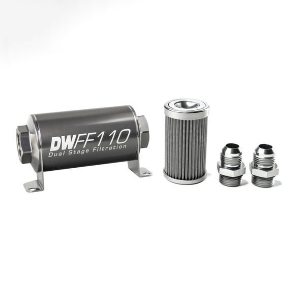 DeatschWerks Stainless Steel 10AN 100 Micron Universal Inline Fuel Filter Housing Kit (110mm) - Bull Strap