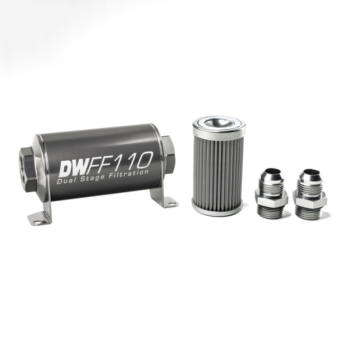 DeatschWerks Stainless Steel 10AN 100 Micron Universal Inline Fuel Filter Housing Kit (110mm) - Bull Strap