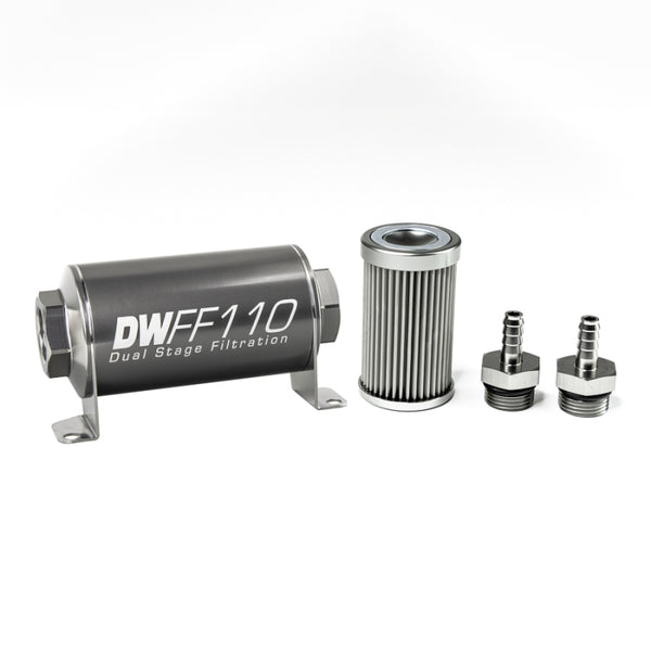 DeatschWerks Stainless Steel 5/16in 10 Micron Universal Inline Fuel Filter Housing Kit (110mm) - Bull Strap