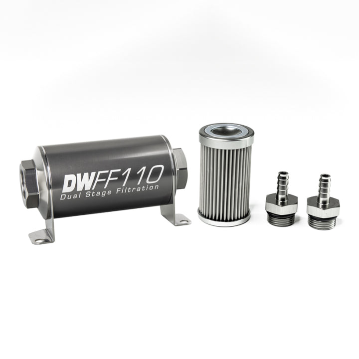 DeatschWerks Stainless Steel 5/16in 10 Micron Universal Inline Fuel Filter Housing Kit (110mm) - Bull Strap