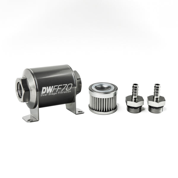 DeatschWerks Stainless Steel 5/16in 10 Micron Universal Inline Fuel Filter Housing Kit (70mm) - Bull Strap