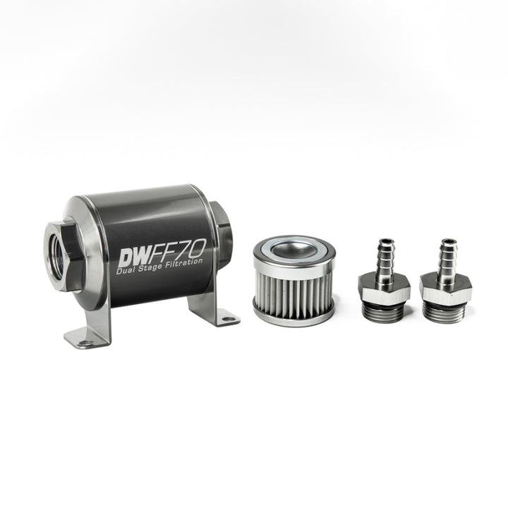 DeatschWerks Stainless Steel 5/16in 10 Micron Universal Inline Fuel Filter Housing Kit (70mm) - Bull Strap