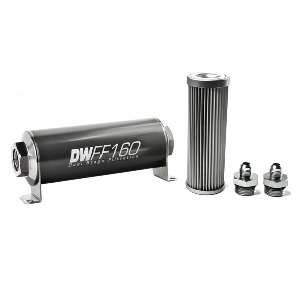 DeatschWerks Stainless Steel 6AN 10 Micron Universal Inline Fuel Filter Housing Kit (160mm) - Bull Strap
