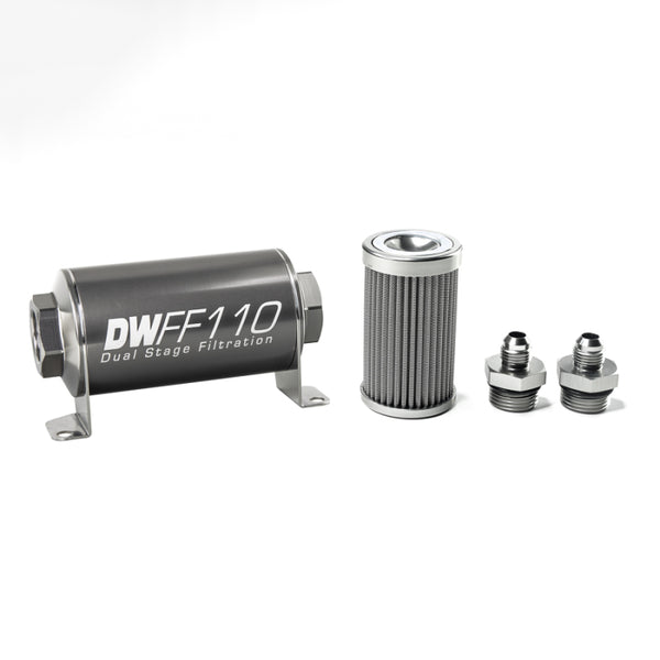 DeatschWerks Stainless Steel 6AN 100 Micron Universal Inline Fuel Filter Housing Kit (110mm) - Bull Strap