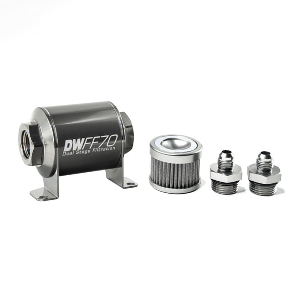 DeatschWerks Stainless Steel 6AN 100 Micron Universal Inline Fuel Filter Housing Kit (70mm) - Bull Strap