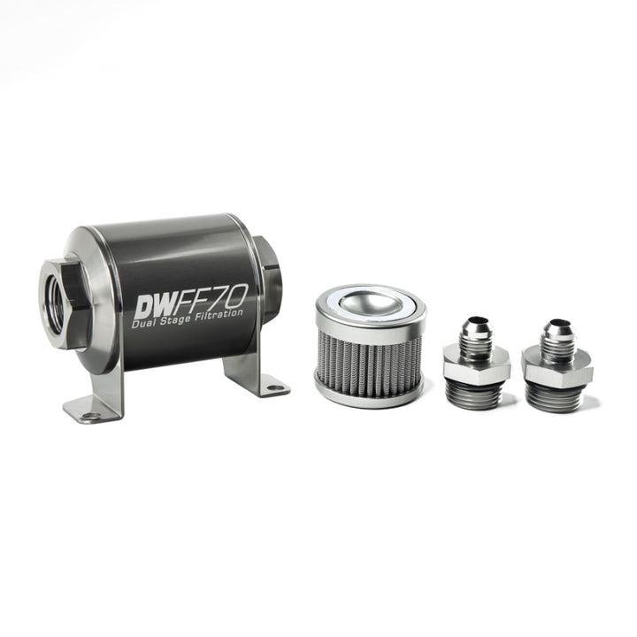 DeatschWerks Stainless Steel 6AN 100 Micron Universal Inline Fuel Filter Housing Kit (70mm) - Bull Strap