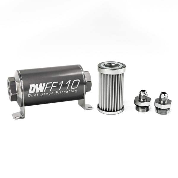 DeatschWerks Stainless Steel 6AN 5 Micron Universal Inline Fuel Filter Housing Kit (110mm) - Bull Strap