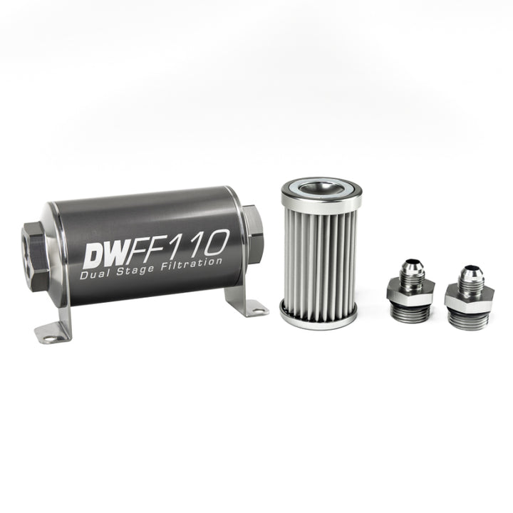 DeatschWerks Stainless Steel 6AN 5 Micron Universal Inline Fuel Filter Housing Kit (110mm) - Bull Strap