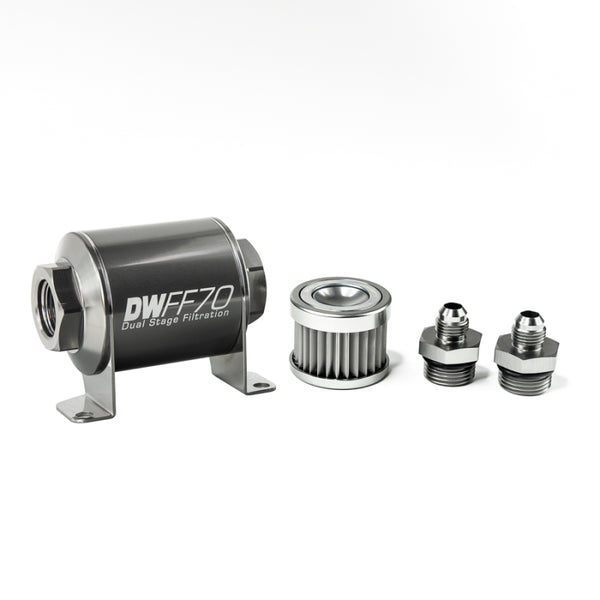 DeatschWerks Stainless Steel 6AN 5 Micron Universal Inline Fuel Filter Housing Kit (70mm) - Bull Strap