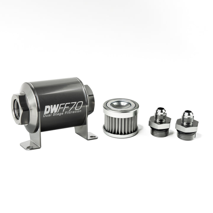DeatschWerks Stainless Steel 6AN 5 Micron Universal Inline Fuel Filter Housing Kit (70mm) - Bull Strap