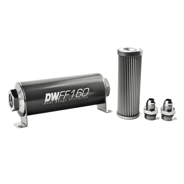 DeatschWerks Stainless Steel 8AN 10 Micron Universal Inline Fuel Filter Housing Kit (160mm) - Bull Strap