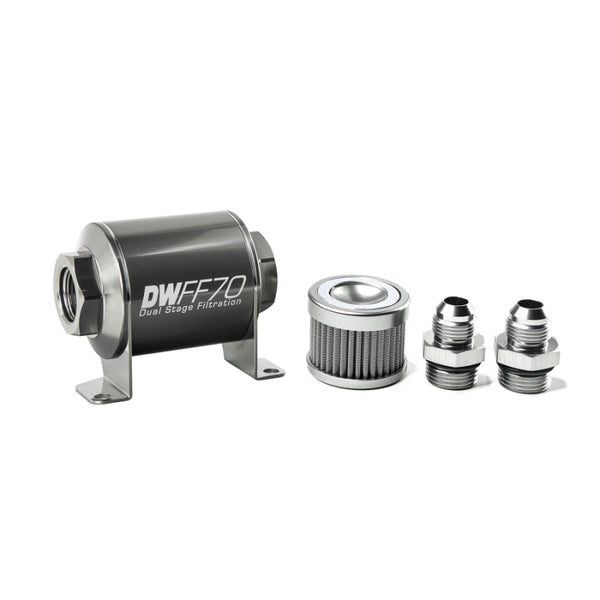 DeatschWerks Stainless Steel 8AN 10 Micron Universal Inline Fuel Filter Housing Kit (70mm) - Bull Strap