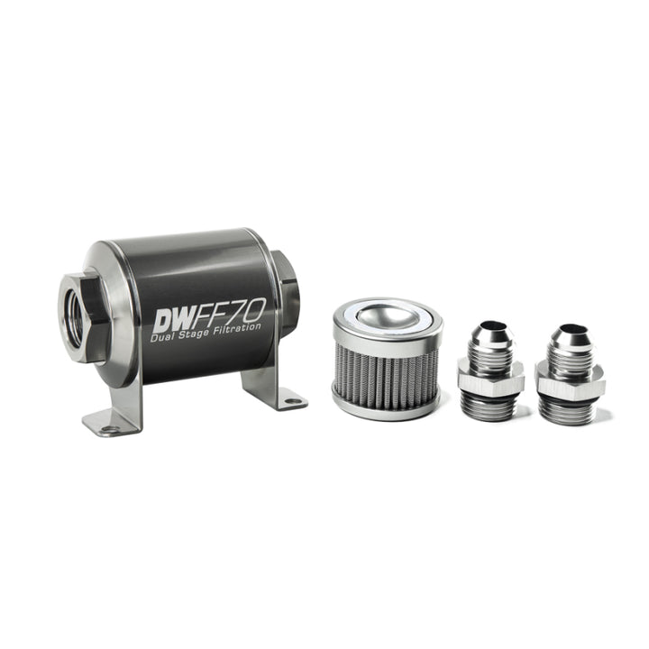 DeatschWerks Stainless Steel 8AN 10 Micron Universal Inline Fuel Filter Housing Kit (70mm) - Bull Strap
