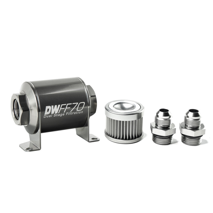 DeatschWerks Stainless Steel 8AN 10 Micron Universal Inline Fuel Filter Housing Kit (70mm) - Bull Strap
