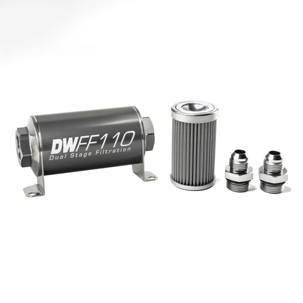 DeatschWerks Stainless Steel 8AN 100 Micron Universal Inline Fuel Filter Housing Kit (110mm) - Bull Strap