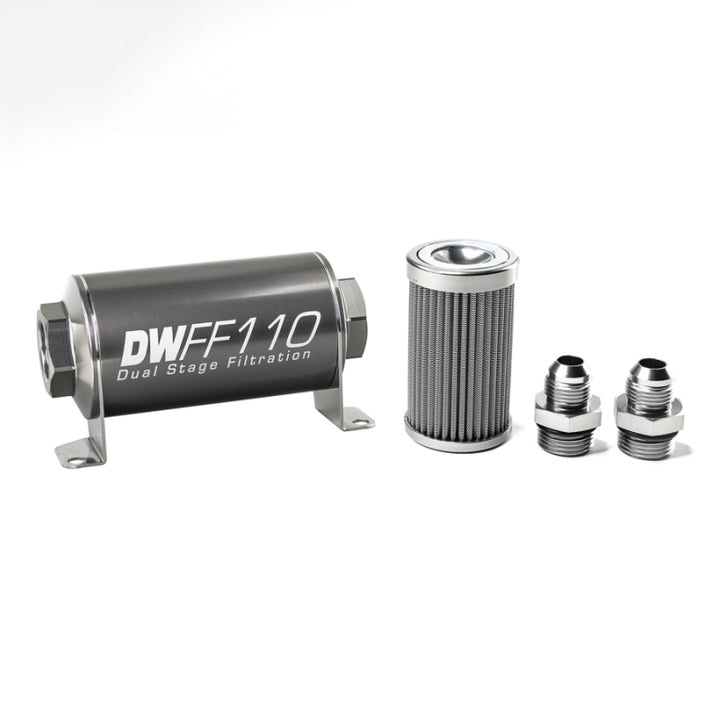 DeatschWerks Stainless Steel 8AN 100 Micron Universal Inline Fuel Filter Housing Kit (110mm) - Bull Strap