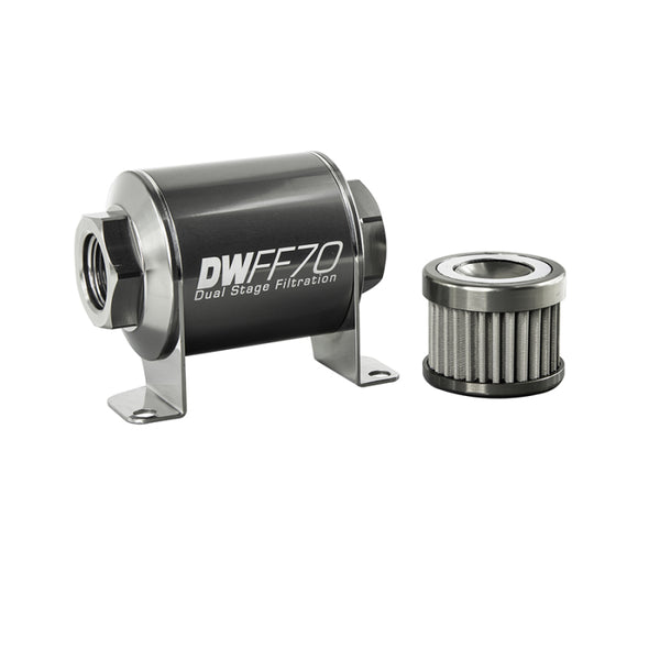 DeatschWerks Stainless Steel 8AN 100 Micron Universal Inline Fuel Filter Housing Kit (70mm) - Bull Strap