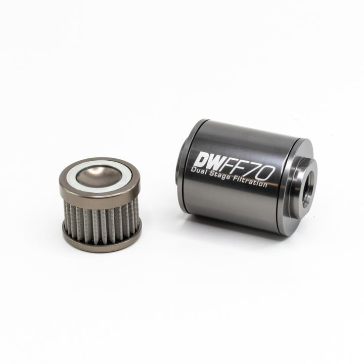 DeatschWerks Stainless Steel 8AN 100 Micron Universal Inline Fuel Filter Housing Kit (70mm) - Bull Strap