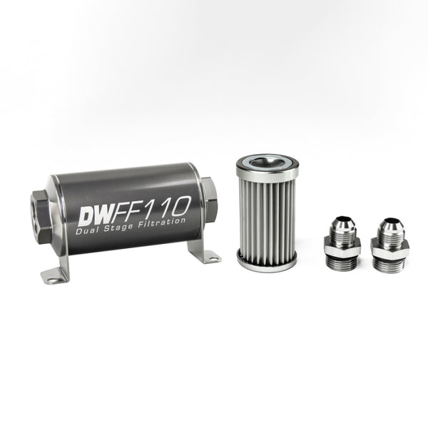 DeatschWerks Stainless Steel 8AN 5 Micron Universal Inline Fuel Filter Housing Kit (110mm) - Bull Strap